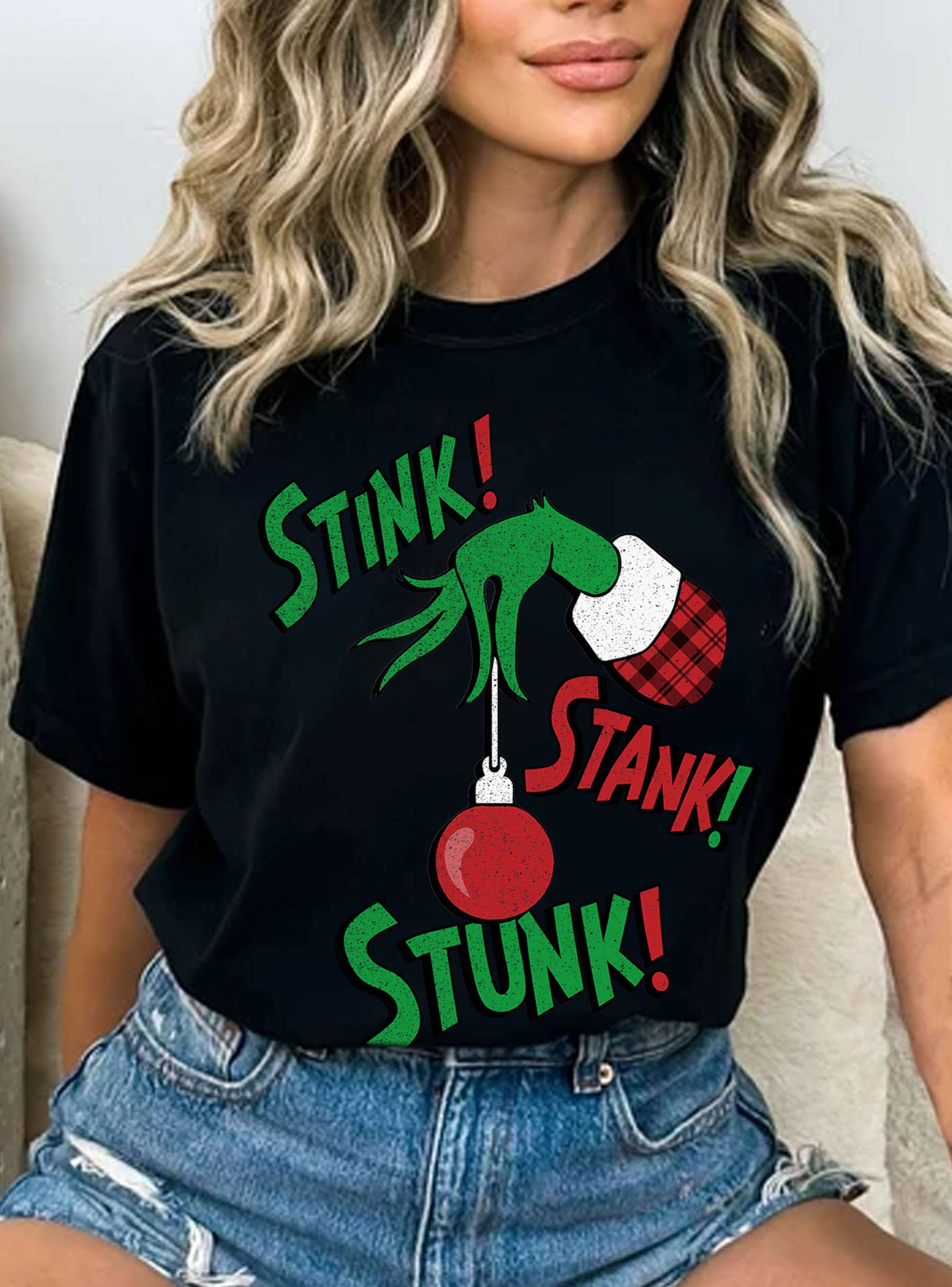 Rustee Clothing - Wholesale Screen Printed T-Shirt - Women's - STINK STANK STUNK GRINCH CHRISTMAS GRAPHIC TSHIRTS6