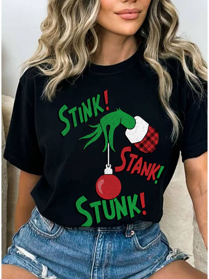 Rustee Clothing - Wholesale Screen Printed T-Shirt - Women's - STINK STANK STUNK GRINCH CHRISTMAS GRAPHIC TSHIRTS6