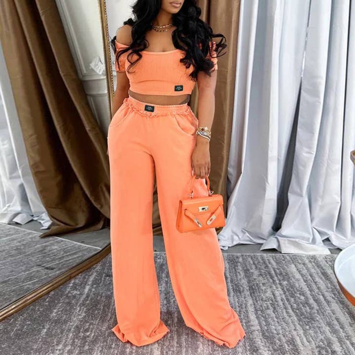 Rosa Clothing - Wholesale Top & Pant Set (NOT Loungewear) - Women's - Sexy U-Neck T-Shirt Wide-Leg Pants Two-Piece Set