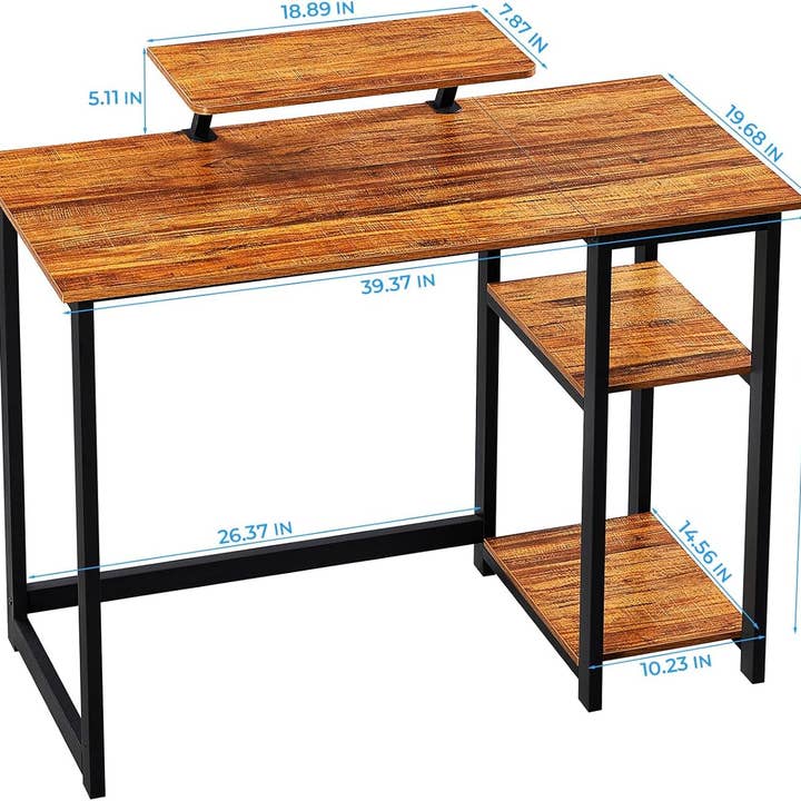Walnut Compact Computer Desk with Monitor Stand and Shelves for wholesale on Faire
