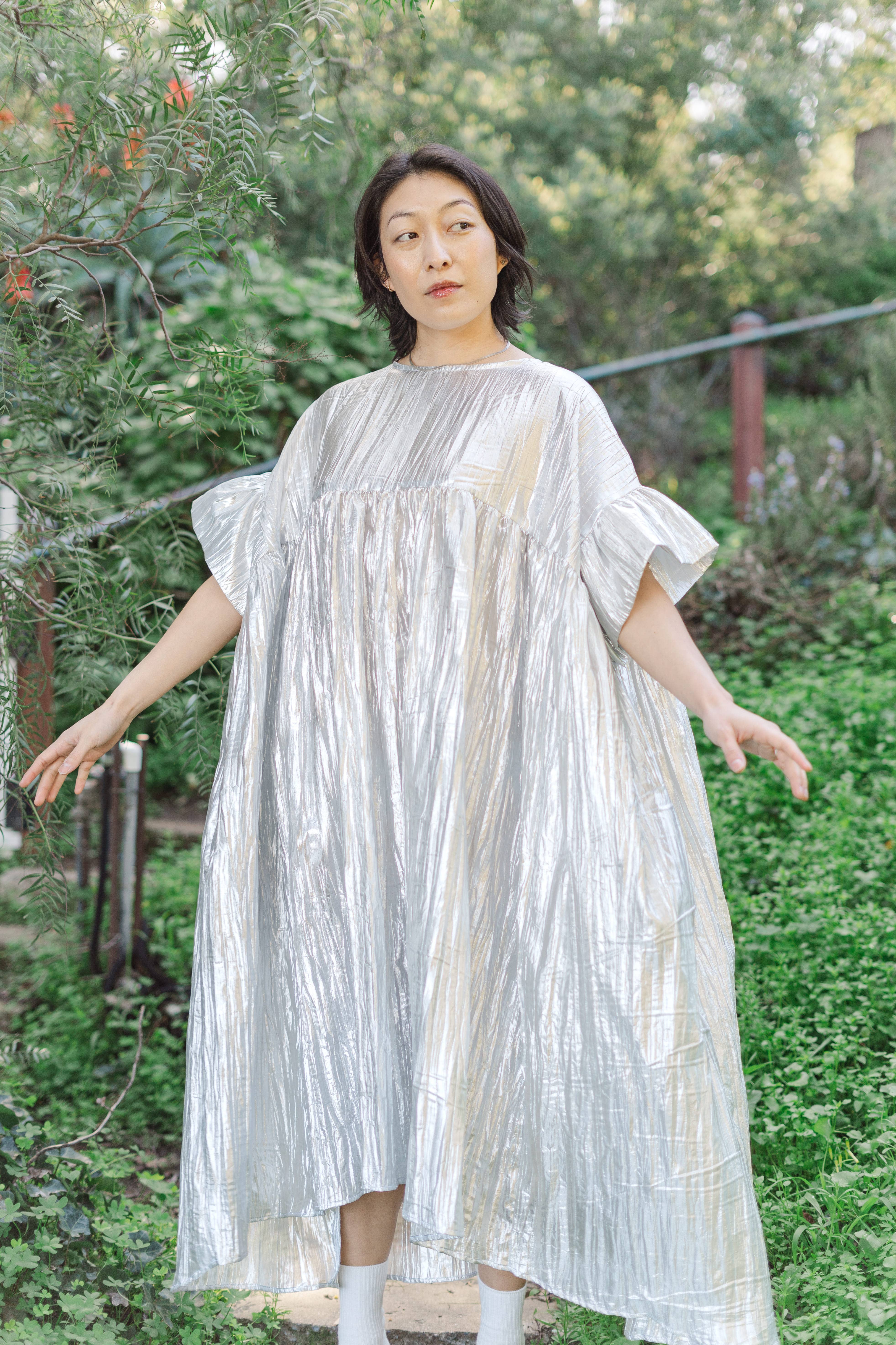 Nettle Studios - Wholesale Dress - Women's - Size Inclusive Plus Size Silver Metallic Ruffle Maxi Dress