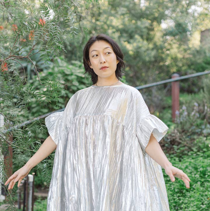 Size Inclusive Plus Size Silver Metallic Ruffle Maxi Dress for wholesale by Nettle Studios