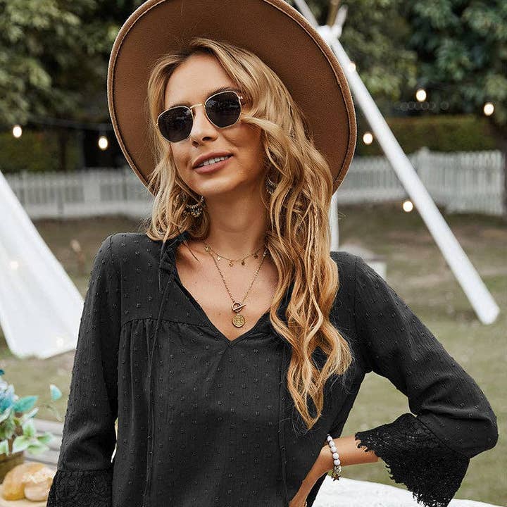 Lace Sleeve V Neck Loose Top for wholesale by Elings