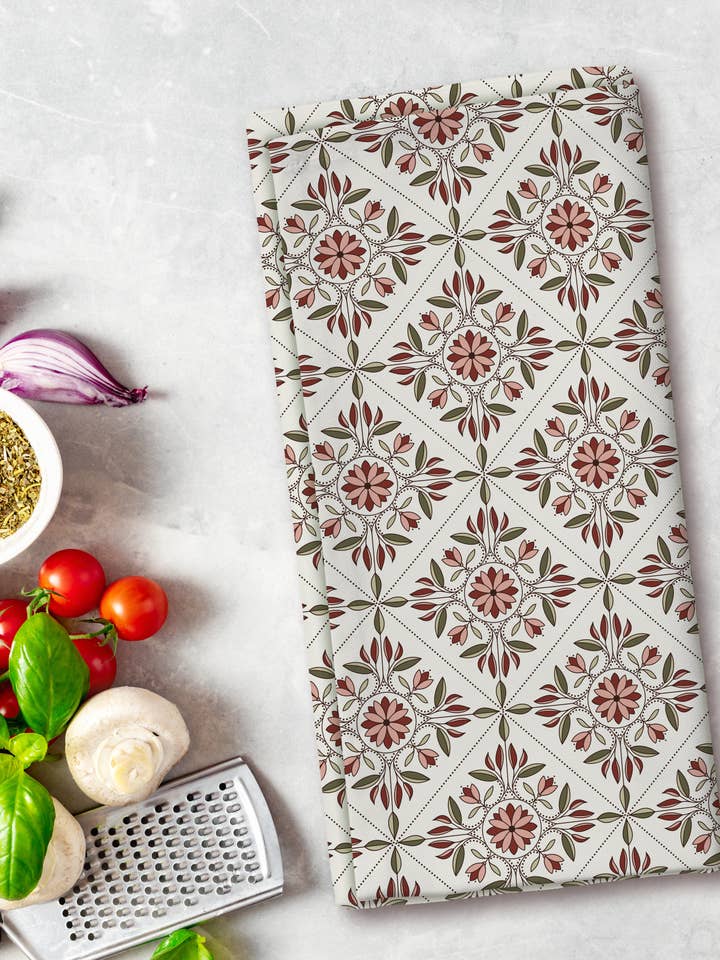 Tea Towel - Tea Garden Trellis - Red - 19 x 27” for wholesale by Roxy Lane Design