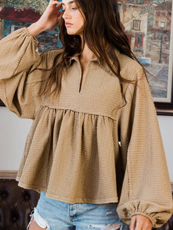 Brown T1902A Collared Split Neck Pleating Top for wholesale on Faire