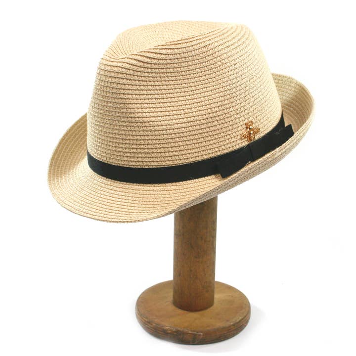 Black Ginger - Wholesale Straw Hat - Women's - Trilby Style with Bee Detail Foldable Hat (with Bag)