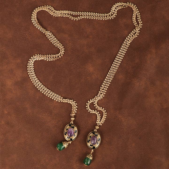 Vintage Gold Lariat Necklace with Gemstone Drops for wholesale by GirlyPirateCo