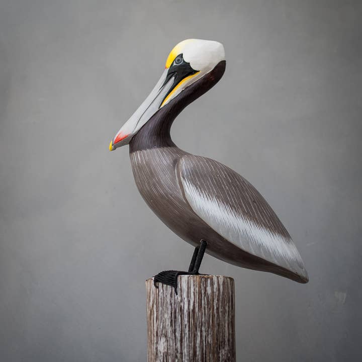 Pelican - Brown on Post - 17"H - Hand Carved Ornament for wholesale by Aviologie