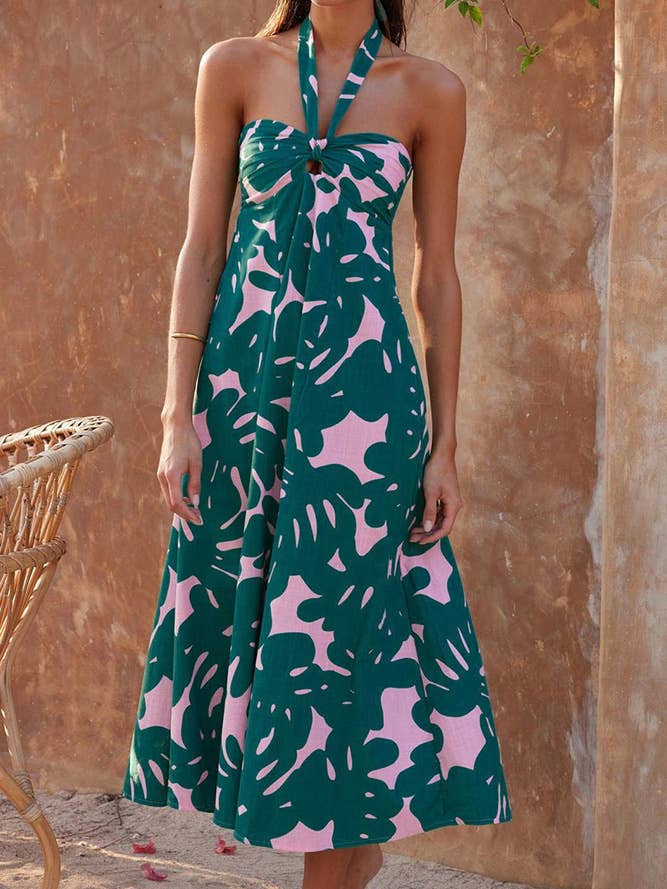 UNISHE - Wholesale Dress - Women's - Halter Neck Flare Printed Maxi Dress QXX0725