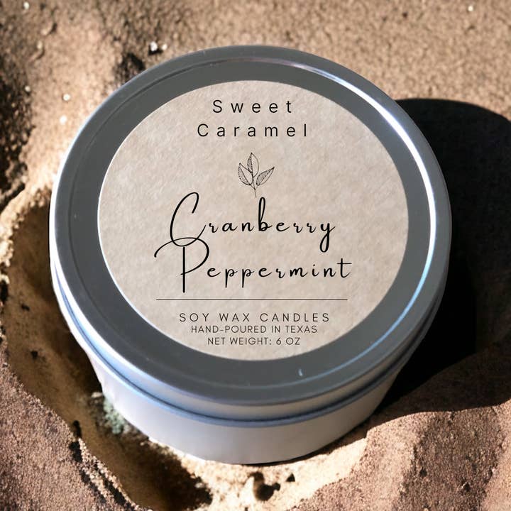 Cranberry Peppermint Soy Candle - 8 oz tins for wholesale by Sweet Caramel Shop