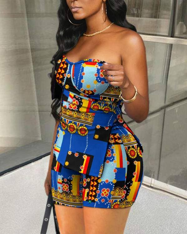 Flarix - Wholesale Top & Skirt Set - Women's - scarf print slit hem tube top shorts set4