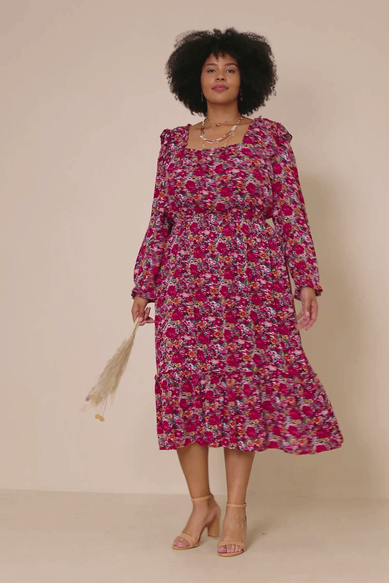 Cherry Womens Floral Print Ruffled Square Neck Midi Dress for wholesale on Faire6