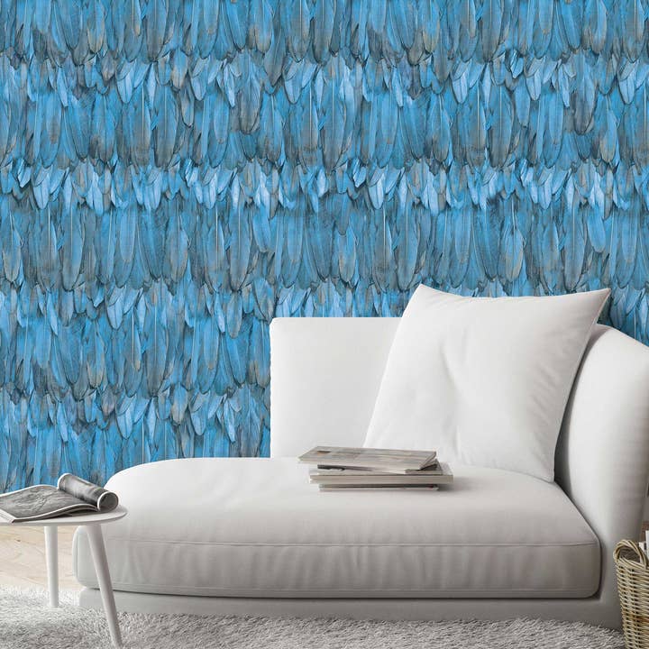 Walloro Luxury Embossed Wallpaper – Engroshandel Tapetrulle – Smukt fuglefjer præget tapet, moderne tekstureret vægbeklædning, stor 178 kvm rulle, dekorativt vægpapir, blåt tropisk tema