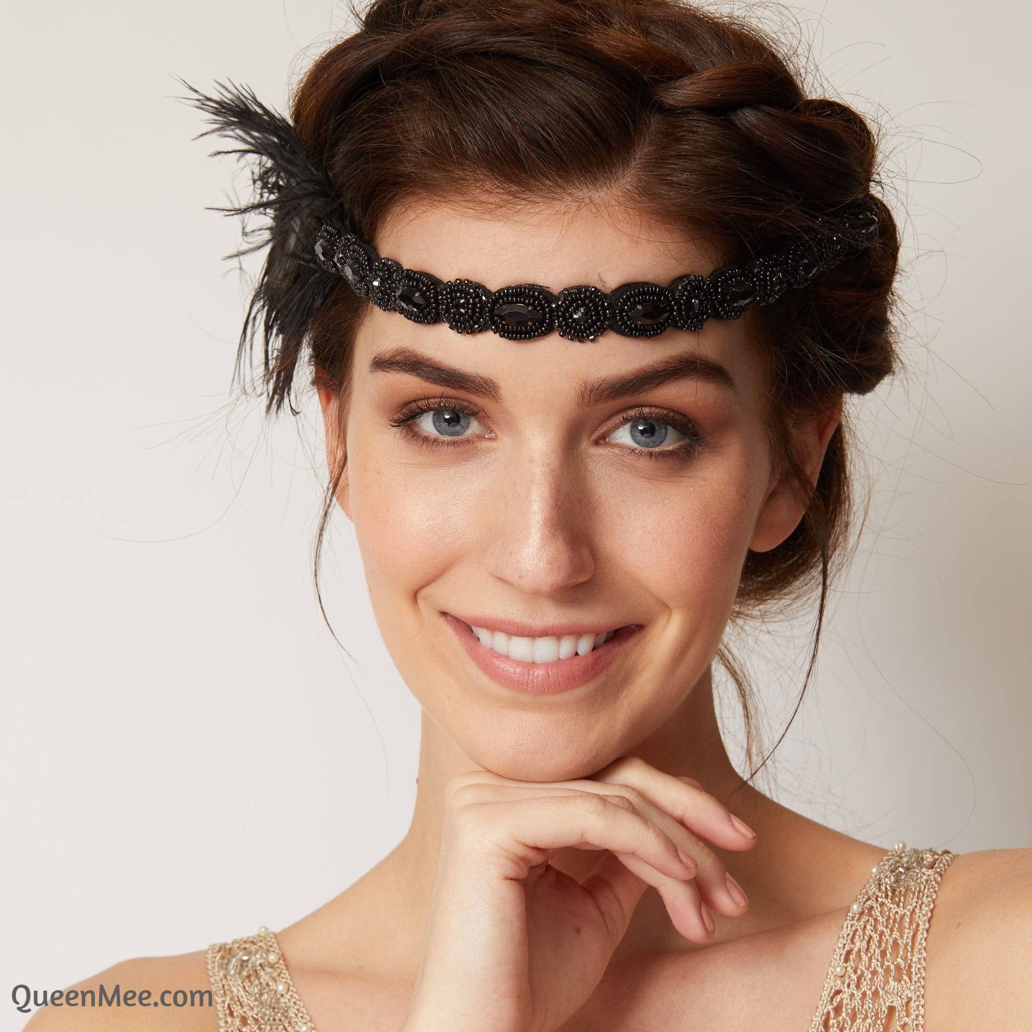 QueenMee Accessories - Wholesale Fashion Headband - Women's - 1920s Headpiece in Black with Peacock Feathers and Beading3