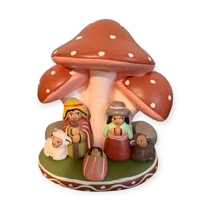 Natività in ceramica peruviana in un fungo decorazione natalizia per la casa per la vendita all'ingrosso da parte di Zoe Artcrafts Corp.