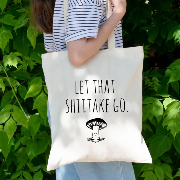 Let That Shiitake Go - Canvas Tote Bags - Mushroom, Yoga for wholesale by Moonlight Makers