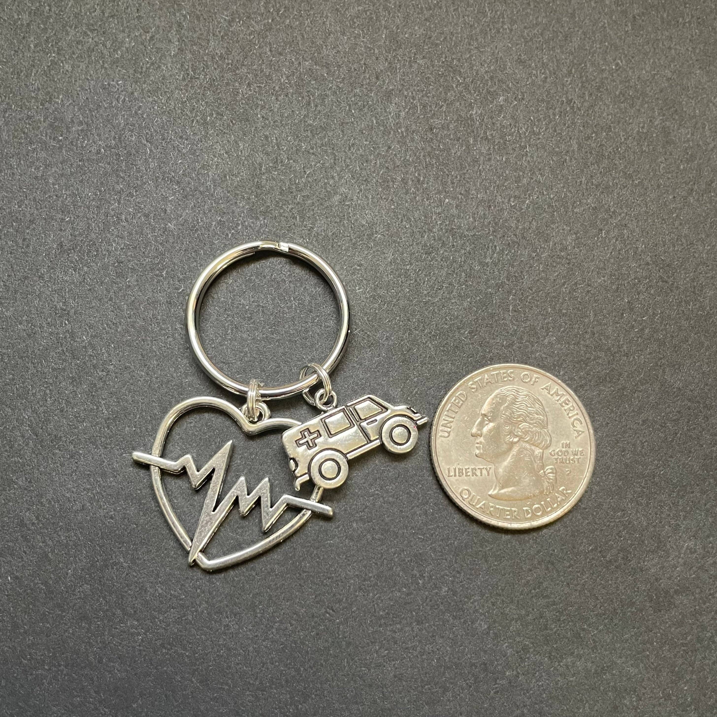 Alisha Goes Crafty - Wholesale Keychain - Unisex - Ambulance Charm & Heart W/ Heart Rhythm Key Chain, EMT1
