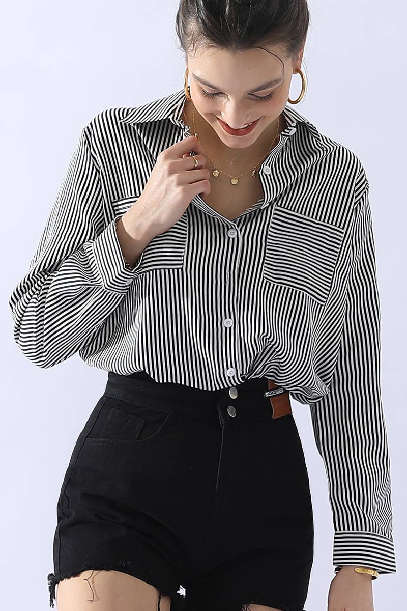Wholesale CWTSTL716_Striped Button Down Long Sleeve Collared Shirts for
