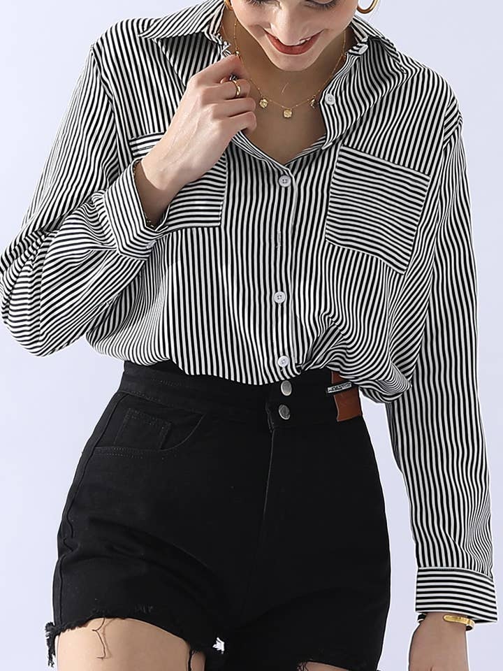 NINEXIS - Wholesale Button Down Shirt - Women's - CWTSTL716_Striped Button Down Long Sleeve Collared Shirts1