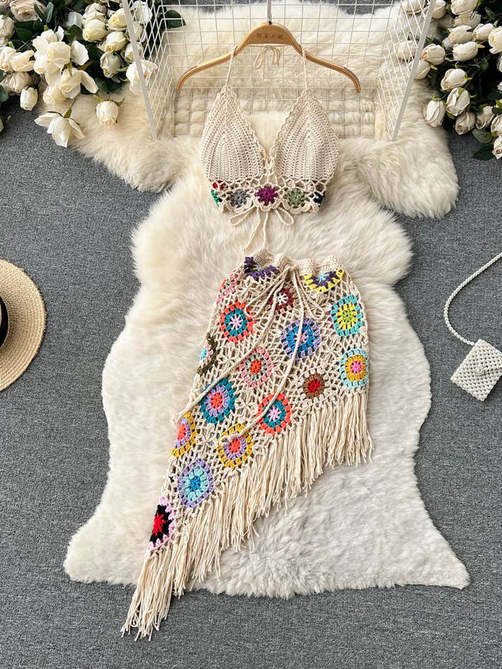 Bohemian Crochet lace bralette top & coverup skirt set for wholesale by HIDDENBRAND