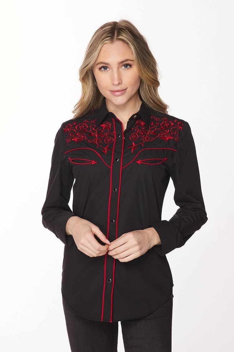 Rodeo Clothing - Vente Chemise à col boutonné – femme - Robe brodée à manches longues d'inspiration western pour femmes23