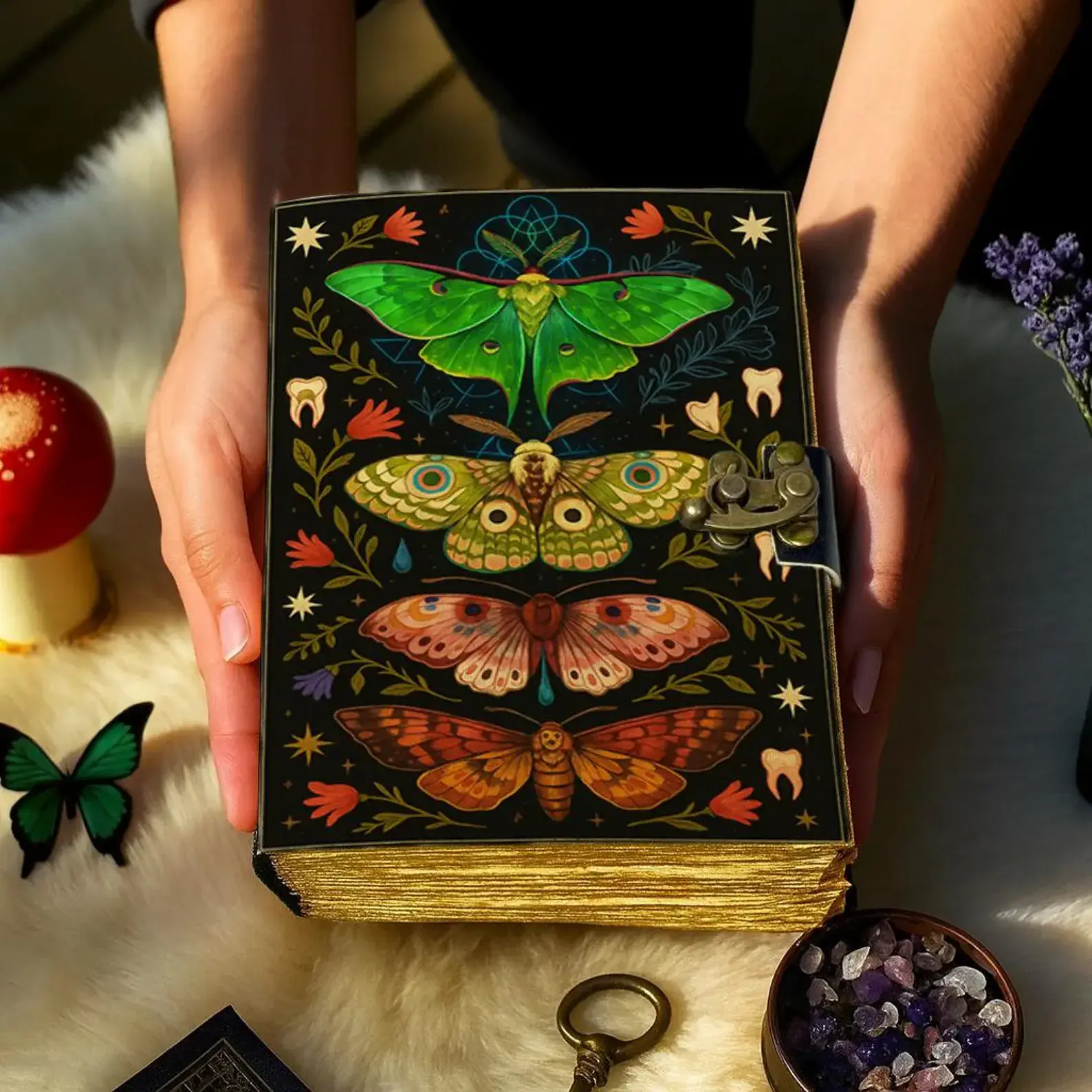 MNM HANDICRAFTS - Wholesale Journal/Diary - Handmade Leather Journal with Lock  Colorful Moth and Floral2