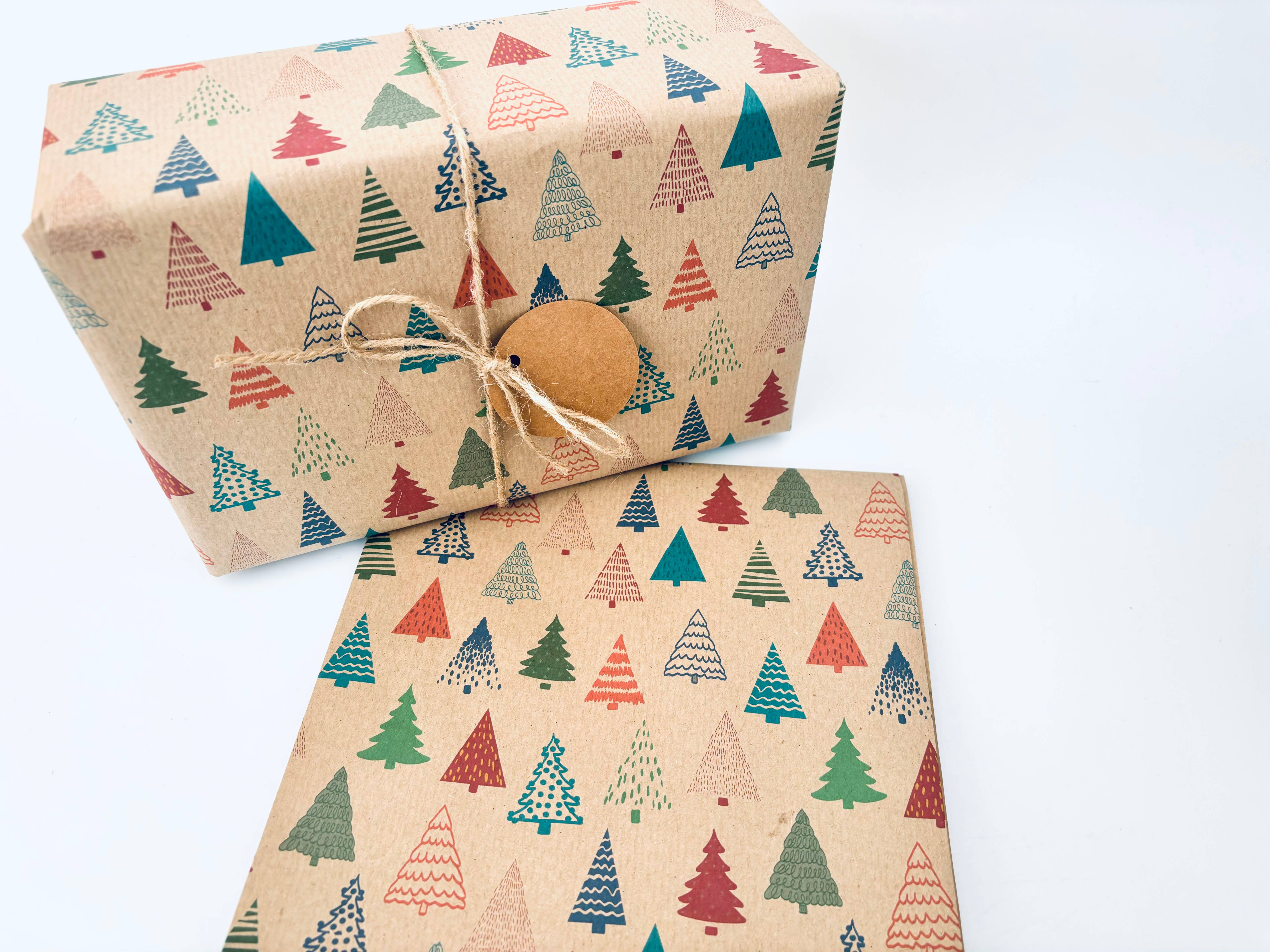 PlanetWrapIt - Wholesale Wrapping Paper Roll - Colourful Christmas Trees Recycled Kraft Gift Wrapping Paper9