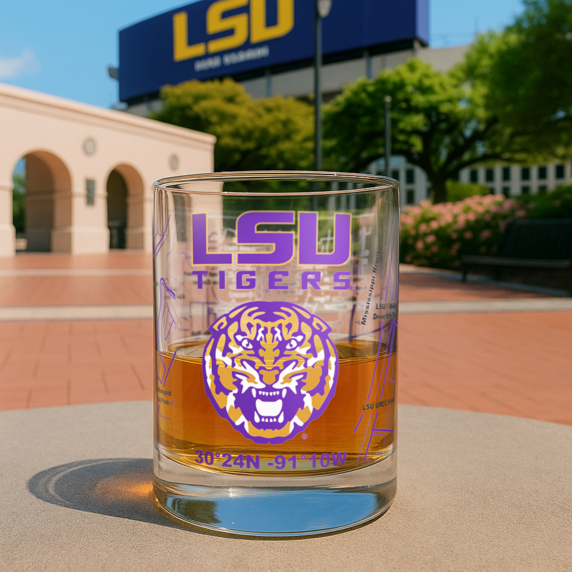 Greenline Goods - Wholesale Cocktail/Liquor Glass - University of LSU Tigers College Whiskey Glasses (Set of 2), 10 oz – Full-Color Logo + Campus Map3
