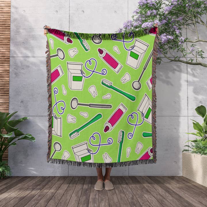 3dRose - Wholesale Throw Blanket - 3dRose, Cute Dentist Dental Hygienist Print Green, Blanket2