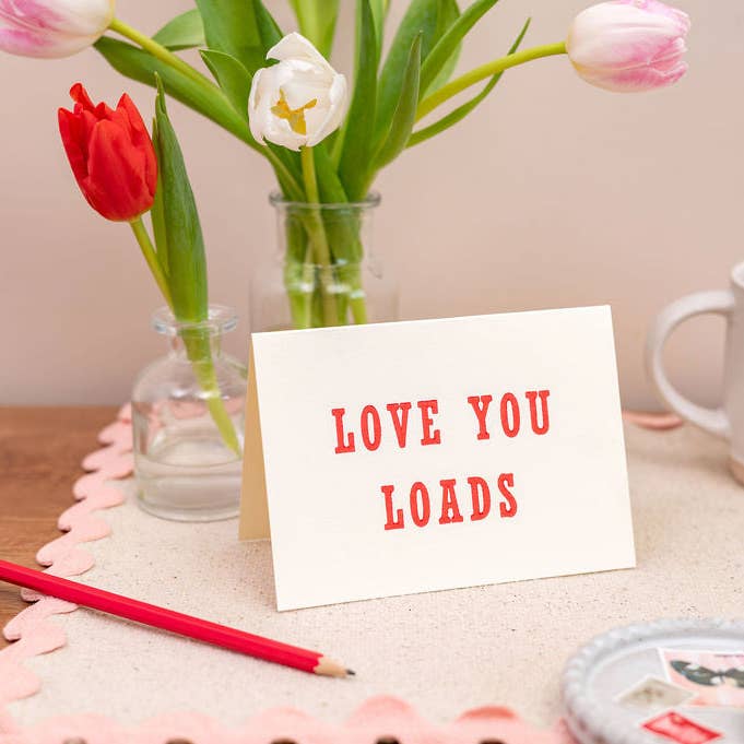 Tarjeta de amor y amistad "Te quiero un montón" en letterpress para venta al por mayor de Sjstationery