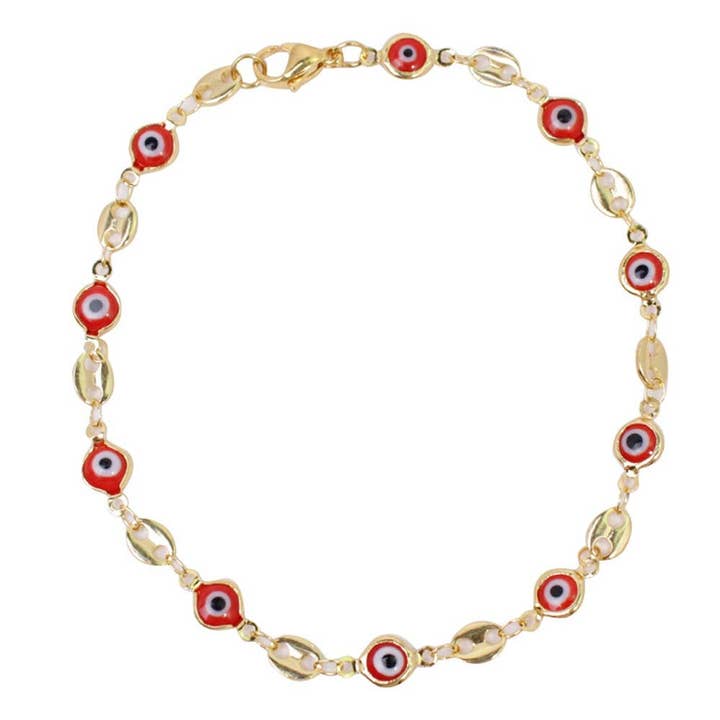 18K Gold Plated Mariner Red Evil Eye Crystal Anklet for wholesale by Vesa Jewels