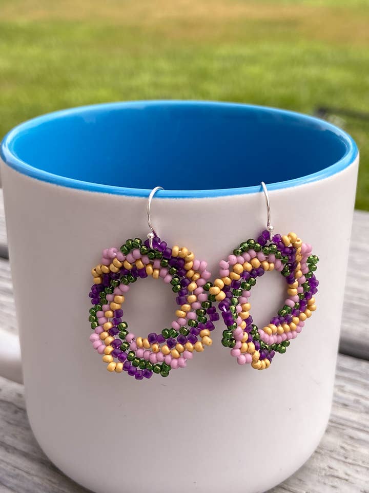 Purple, Gold and Green Beaded Circle Earrings for wholesale by DlpDesigned