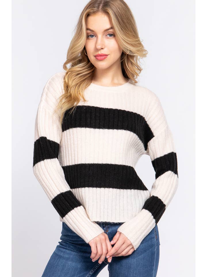 42POPS - Wholesale Knit Sweater - Women's - ' Round Neck Stripe Sweater