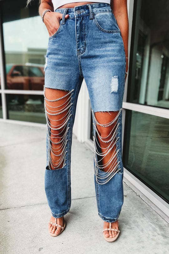 Rosa Clothing - Wholesale Jeans - Women's - Denim & Diamonds Rhinestone Chain Ripped Cut Out Jeans6