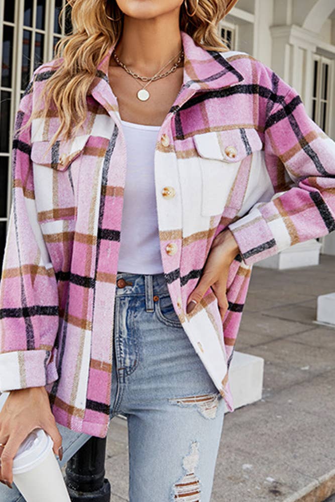 Comely Fashion – wholesale Shirt Jacket/Shacket - Women’s – Flannel Pockets Button Up Plaid Shacket CF-QXX0238