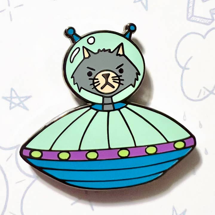 Cat Alien UFO, Katzenfigur, Raumschiff, emailliert für den Großhandel von Lucky Sardine