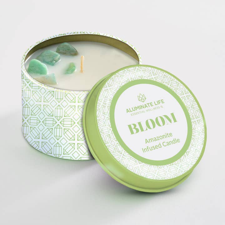 Bloom Crystal Candle Travel Tin– Hope, Growth & Joy 4oz for wholesale by Aluminate Life