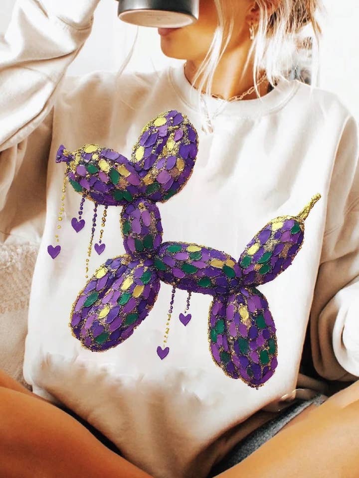 Felpa con cane palloncino di Mardi Gras per la vendita all'ingrosso da parte di Downtown Darling Wholesale