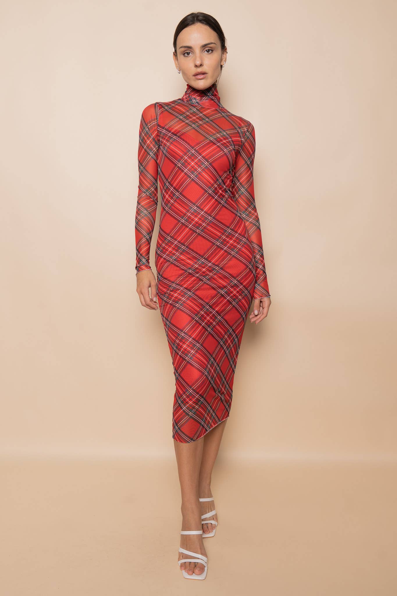 TURTLE NECK RED PLAID MESH MIDI DRESS-DD6293GFO for wholesale on Faire1