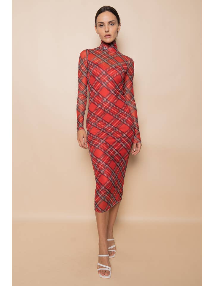 TURTLE NECK RED PLAID MESH MIDI DRESS-DD6293GFO for wholesale on Faire1