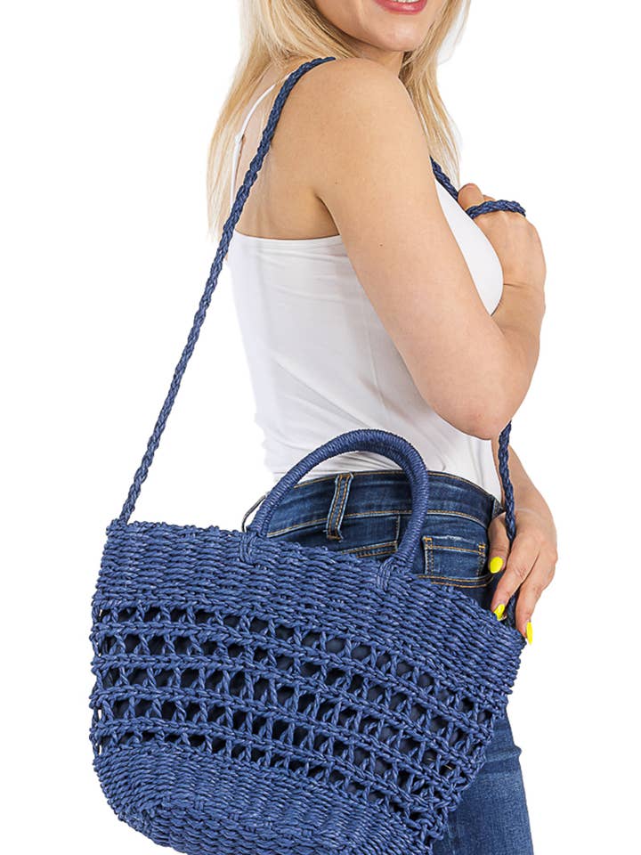 Fishnet Woven Rattan Straw Wicker Crossbody Tote for wholesale by Cap Zone
