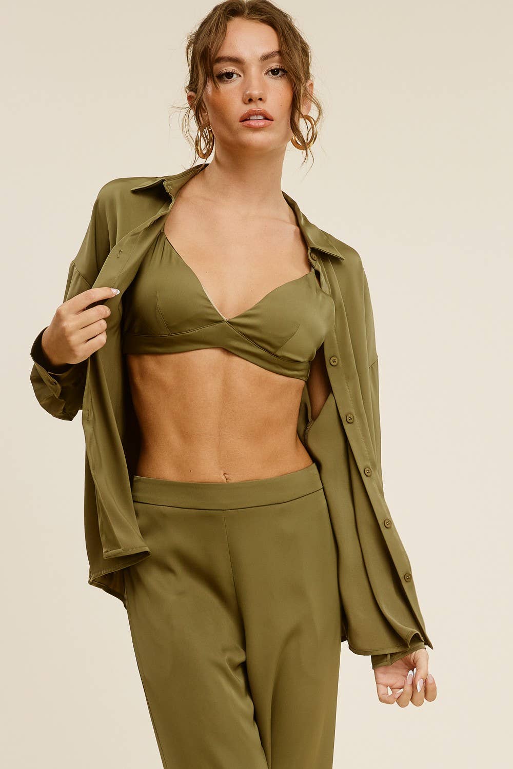 Olive Silk Effect Three Piece Matching Set for wholesale on Faire