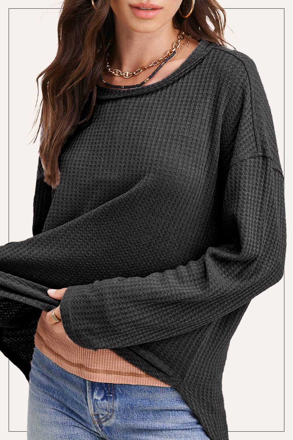 La Miel - Wholesale Tunic - Women's - HAT7566-Brushed Waffle Fabric Loose Fit Long Sleeve Top13