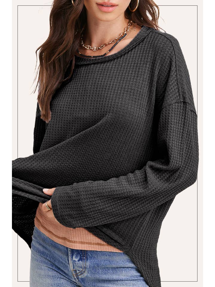 La Miel - Wholesale Tunic - Women's - HAT7566-Brushed Waffle Fabric Loose Fit Long Sleeve Top13
