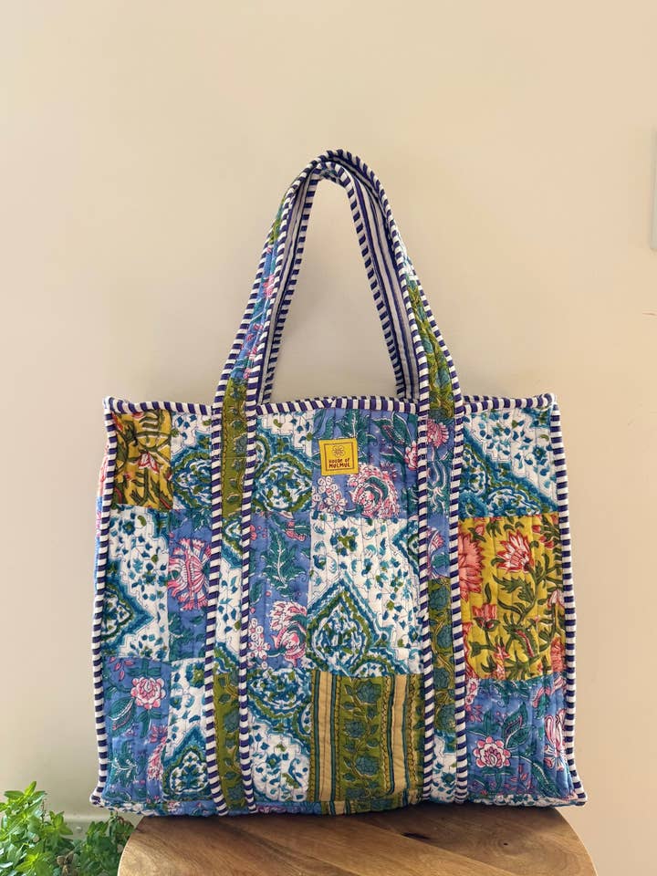 Blockprinted Cotton Tote Bag with pockets (Blue Green Patchwork) for wholesale by House of Mulmul LLC