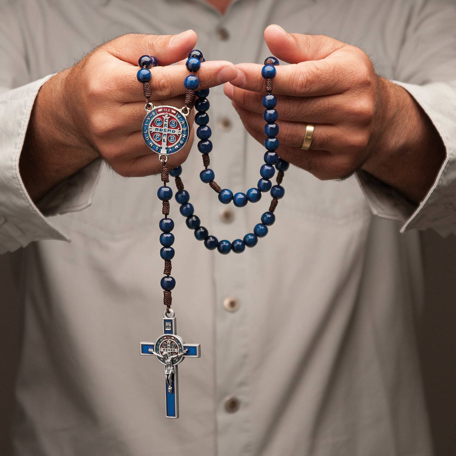 Oremus Mercy - Wholesale Prayer Beads Necklace - Rosary - St. Benedict Wooden (BLUE Resin)   20"3