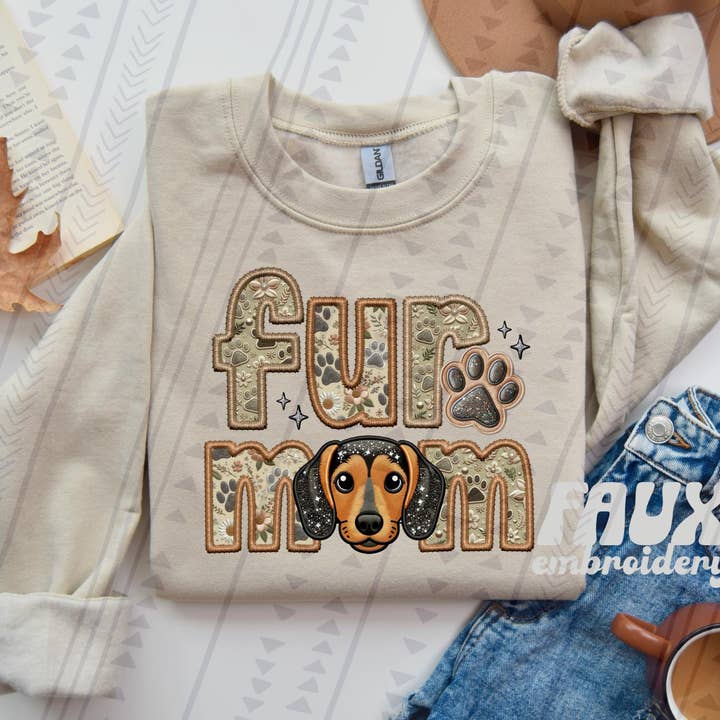 Mini bassotto in pelliccia di mamma ricamato in finto DTF Transfer per la vendita all'ingrosso da parte di K and M Designs