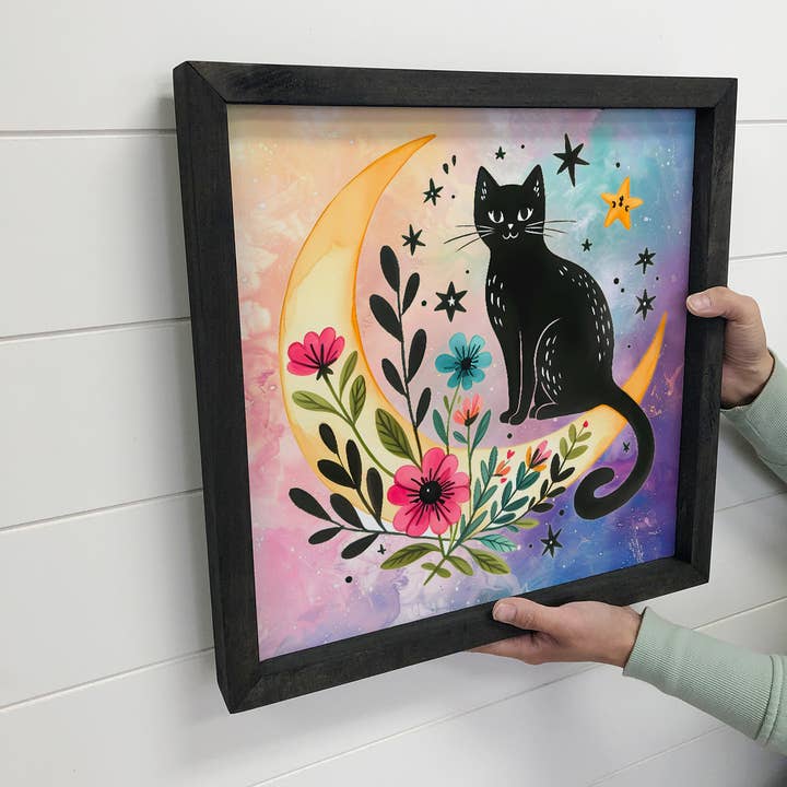 Hangout Home - Wholesale Art print - Celestial Moon and Cat - Cat Canvas Art - Wood Framed Decor2