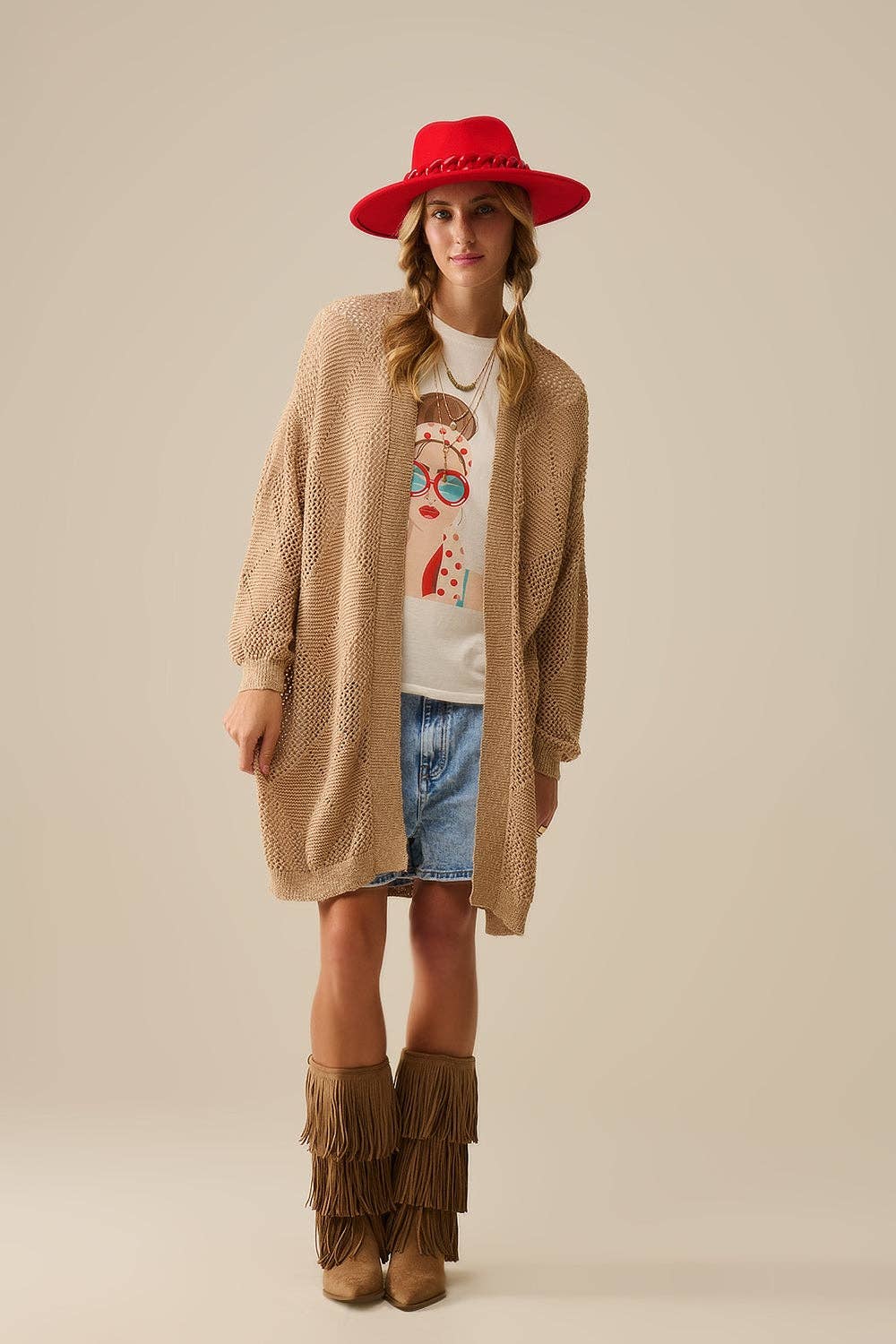 BEIGE Camel Draped Cardigan With Crochet Design for wholesale on Faire0