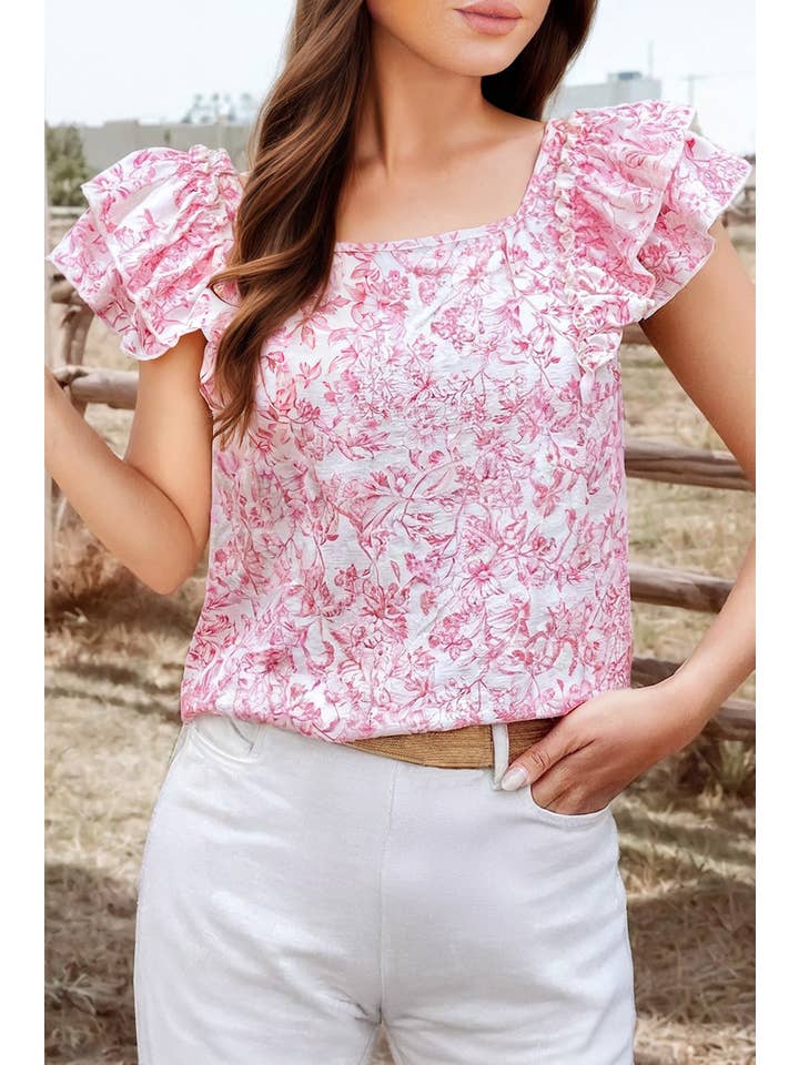 fashionworks - Wholesale Blouse - Women's - Floral Ruffle Short Sleeve Square Neck Bow Back Blouse
